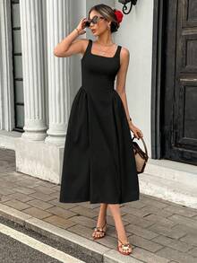 Vestido maxi elegante de mujer con cuello cuadrado, sin mangas y plisado de unicolor - Negro - Ver 1