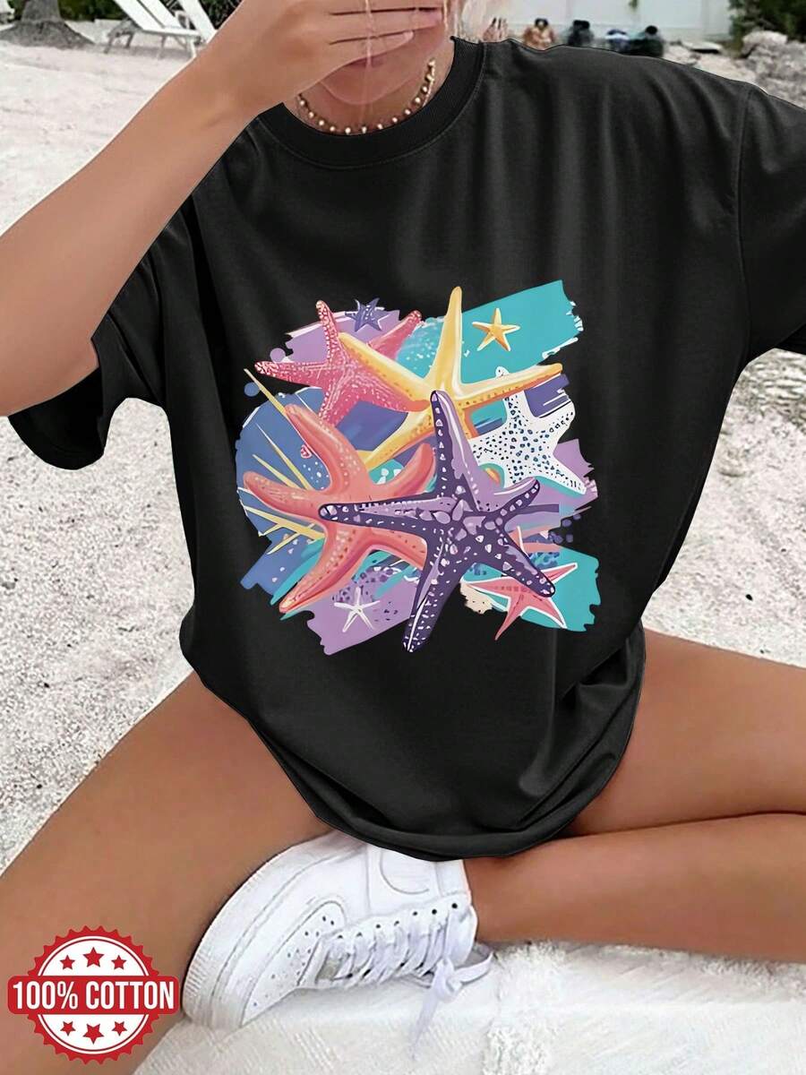 Y2K Women's Casual Summer T-Shirt, Watercolor Style, Starfish Print, Fashionable, Vacation, Casual, Loose Fit, Round Neck, Printed, Short Sleeve, 100% Cotton - 黑色 - 查看 1