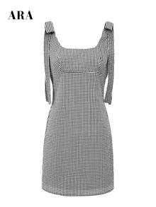 ARA CHIC Women's Black & White Plaid Tie Strap Square Neck Dress, Square Neck Backless Zipper Slim Fit Mini Dress, Summer Beach Vacation Outfit - Black and White - View 7