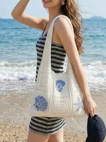 Hollow Woven Straw Bag, Bohemian Style Beach Bag, Large Capacity Beach Bag,  Hollow Woven Beach Shopping Bag, Bohemian Style Beach Bag, Large Bag - 灰色 - 查看 1