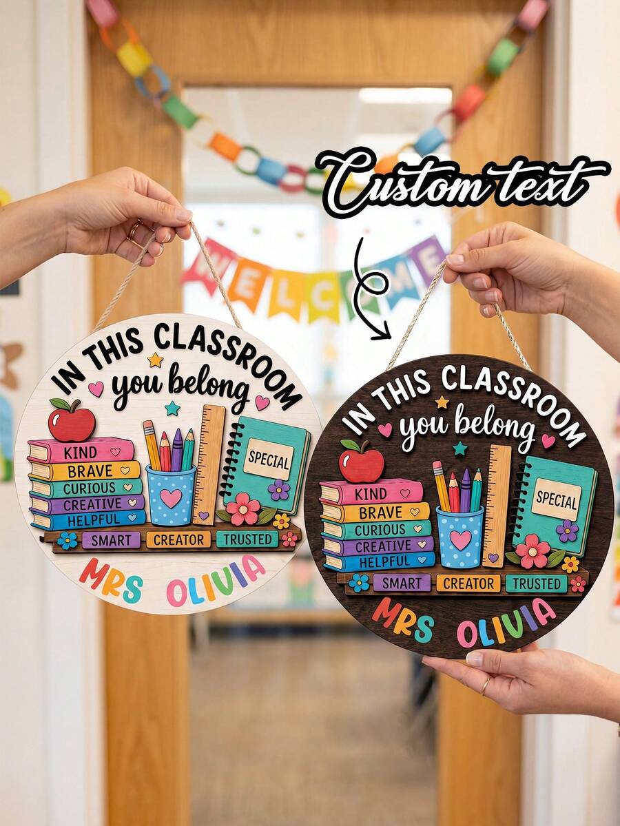 1pc Personalized Teacher Name Sign, Custom Classroom Door Hanger, Back To School Gift,Teacher Appreciation Gift,Classroom Decor,New Teacher Welcome Sign,In This Classroom You Belong Door Decor,Elementary Teacher Door Hanger - Multicolor - View 1
