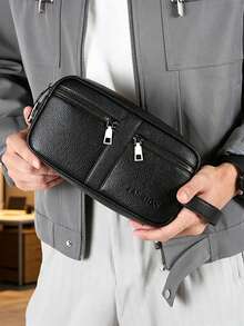 Bolso de muñeca de moda para hombres, diseño de múltiples compartimentos, gran capacidad de almacenamiento de documentos, uso dual para negocios y casual - Negro - Ver 6