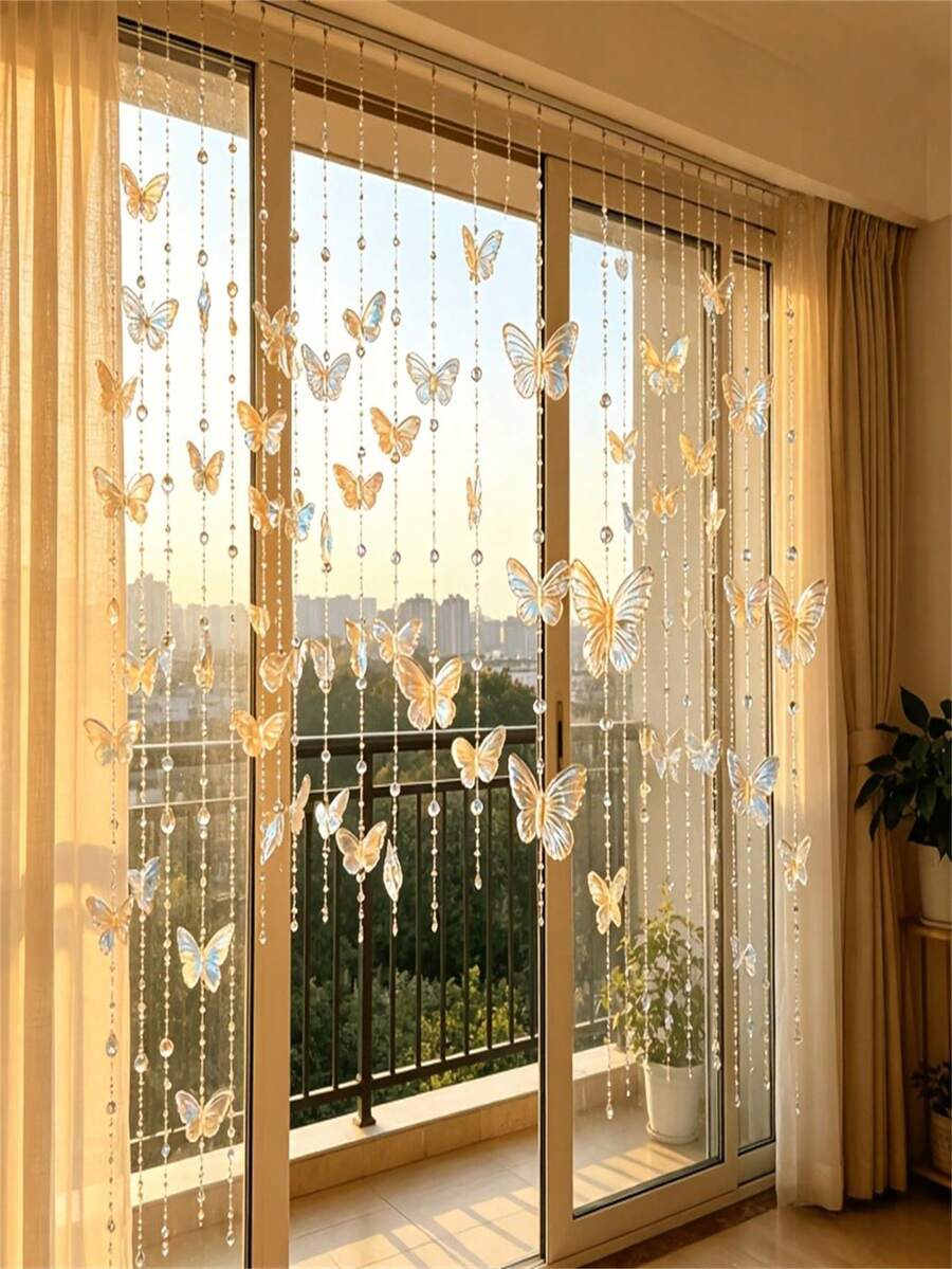 Transparent Butterfly Bead Curtain Set - 100Cm Long Each, 8pcs Transparent Butterflies On Each Strand - Crystal Bead Curtain Partition For Living Room And Entrance Decoration - Hallway Door Curtain Handmade