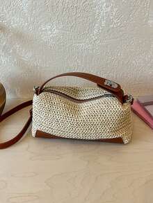 BAILEE Leisure Travel Woven Color-Blocked Shoulder Bag With PU Handle And Weaving Design. Perfect For Beachwear And Gift-Giving. - Multicolor - View 9