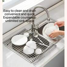 Stainless Steel Foldable Kitchen Sink Dish Drainer - Multiple Sizes Available - Space-Saving Dish Rack - Dish Drainer With Roll-Up Curtain, Stainless Steel Dish Drying Rack - Grey - View 2