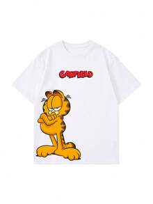 SHEIN | Garfield 女款卡通印花圓領T恤，休閒寬鬆街頭風短袖上衣，適合夏季日常與度假穿著 - 白色 - 查看 4