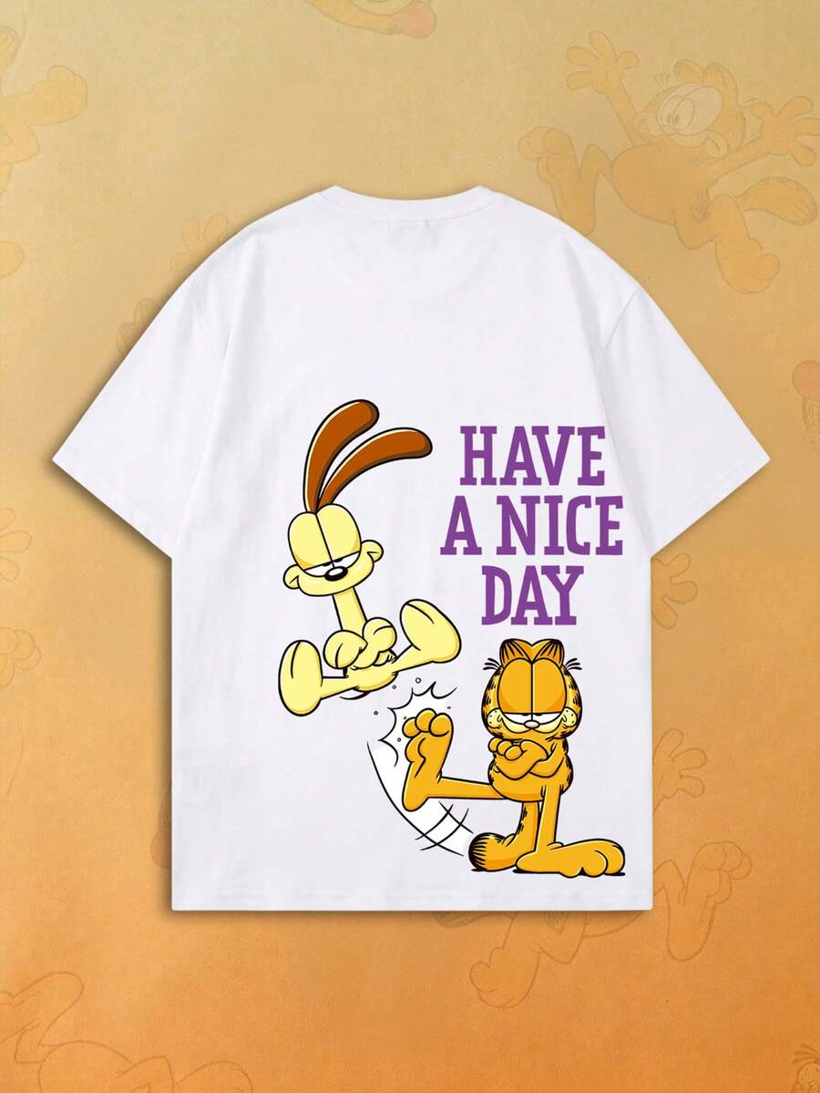 SHEIN | Garfield 女款卡通與標語印花圓領T恤,休閒寬鬆街頭風短袖上衣,適合夏季日常與度假穿著 - 白色 - 查看 1