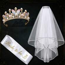新娘派對禮品 3合1套組 白色準新娘肩帶 + 皇冠 + 面紗組合 婚禮單身派對裝飾禮品用品 - 白色 - 查看 11