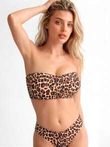 Women's Brown Leopard Print Strapless Bandeau Bra, Seamless Invisible Push-Up Bra, No Wire, Backless, Anti-Slip, Thin Cup With Thick Padding, Small Chest Invisible Back Bra, Strapless Underwear - Brown - View 6
