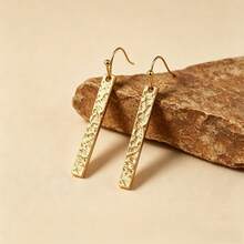 Hammered Gold Long Bar Pendant Earrings - Nickel-Free High-Polished Material Minimalist Vintage Texture. Suitable For Couples. Valentine's Day. Christmas Gift. All Seasons - Earrings - View 11
