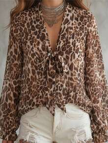 Women's Leopard Print Chiffon Blouse, Deep V-Neck Ruffle Long Sleeve Top, Semi-Sheer Ruffle Collar, Suitable For Autumn Wear Vacation - Earth Color - View 3