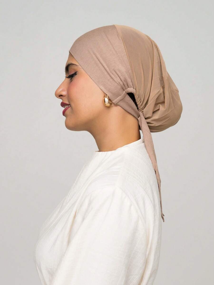 1pc Undercap With Built-In Elastic Band And Tie Straps, Smooth Soft & Breathable & Sweat-Absorbent & Elastic & Anti-Pilling Material, Suitable For Daily Use As A Base - Khaki - View 1
