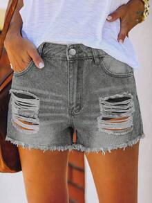 European And American Spring/Summer New Design Personalized Street Ripped Straight Washed Frayed Hem Women Denim Shorts Casual - Light Grey - View 5
