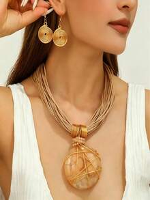 1Set Conjunto de Joyas Boho Ámbar, Collar de Cuerda Marrón Multicapa & Pendientes Espirales Dorados Para Mujeres, Multicolor, Accesorio para Fiesta y Vacaciones - Verde Oscuro - Ver 15
