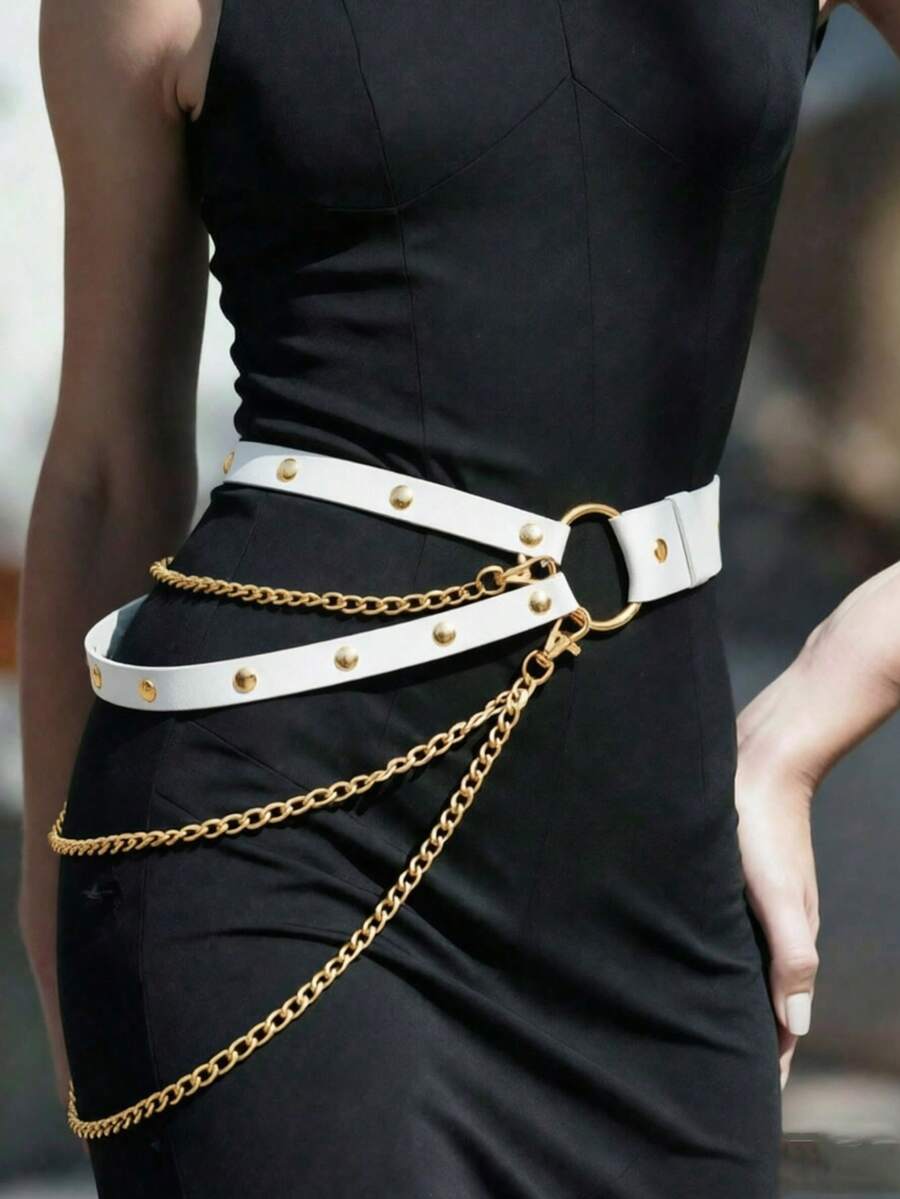 1件女款白色哥德風腰帶表演服飾配件,可調節交叉鏈條一體式腰帶,適合日常穿著、街頭風、伸展台活動 - 白色 - 查看 1