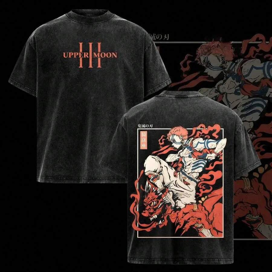Valentine's Day T-Shirts, Upper Moon 3 T-Shirt, Infinity Castle Arc Graphic T-Shirt, Oversized Vintage Wash Anime T-Shirt, Soft Cotton Streetwear - 黑色 - 查看 1