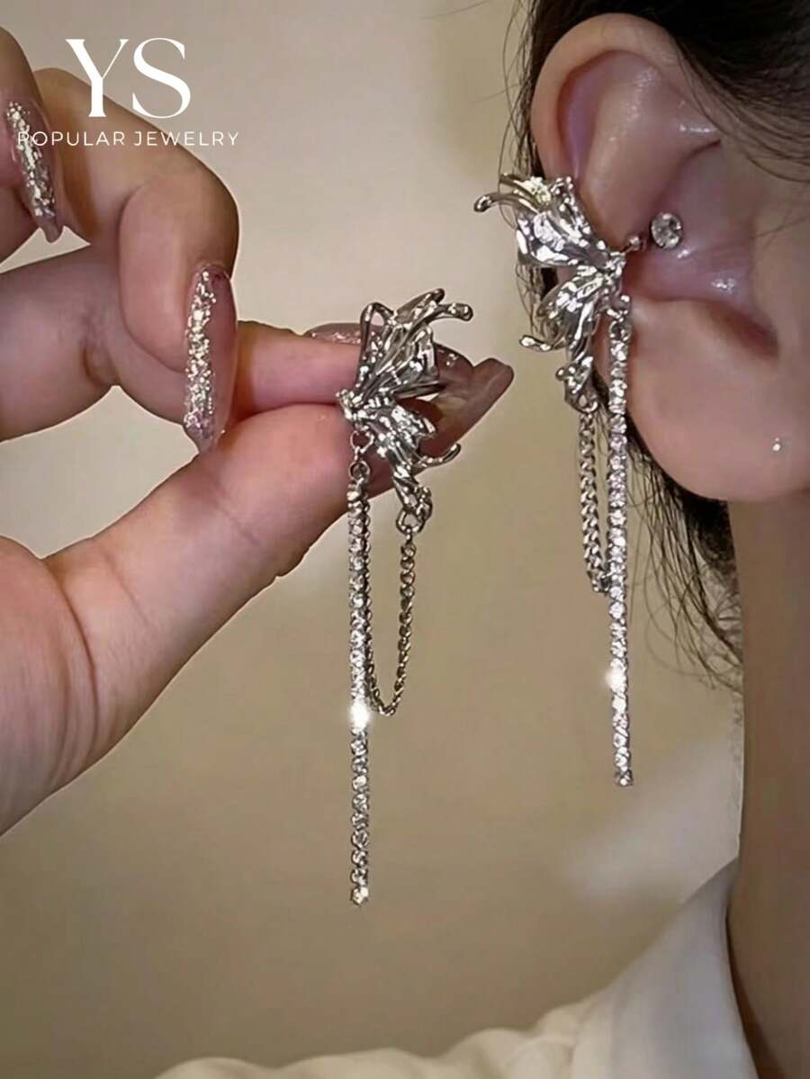 1 Paar nicht-durchstochene Schmetterlings-Ohrringe, modische hochwertige Zinklegierung Ketten-Quasten Ohrclips, europäischer und amerikanischer Stil, zarter hängender Schmuck
