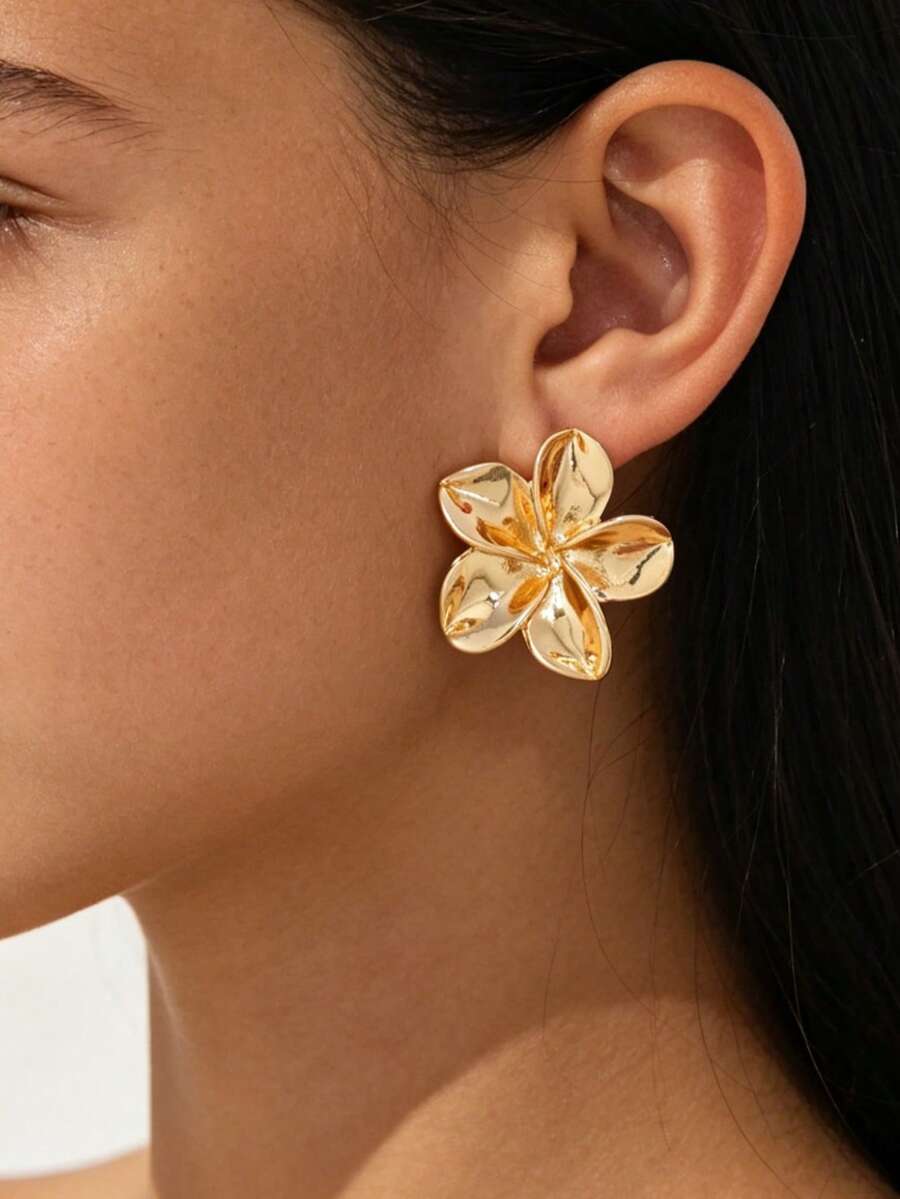1 Pair Elegant Exquisite Luxury Metallic Gold Plated Summer Vacation Beach Style Plumeria Stud Earrings For Teenage Girls - Gold - View 1