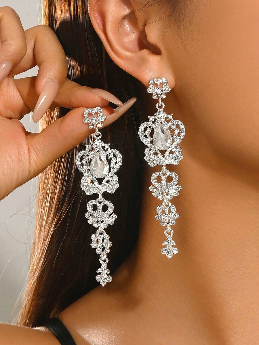 1 par de pendientes colgantes de lujo con corazón de strass, gota de agua y borla para mujer, joyería exquisita para boda, fiesta, gala de noche, regalo para esposa, novia, vacaciones - Plateado - Ver 1
