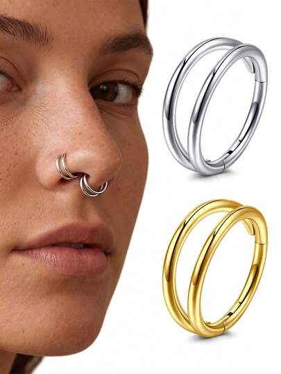 CIZME Double Ring Nose Ring - Stainless Steel Nose Ring Septum Ring Clip Style 16G/18G/20G Ear Cartilage Ring Earring Ear Lobe Ring Ear Bone Ring Ear Bead Ring 6mm 8mm 10mm