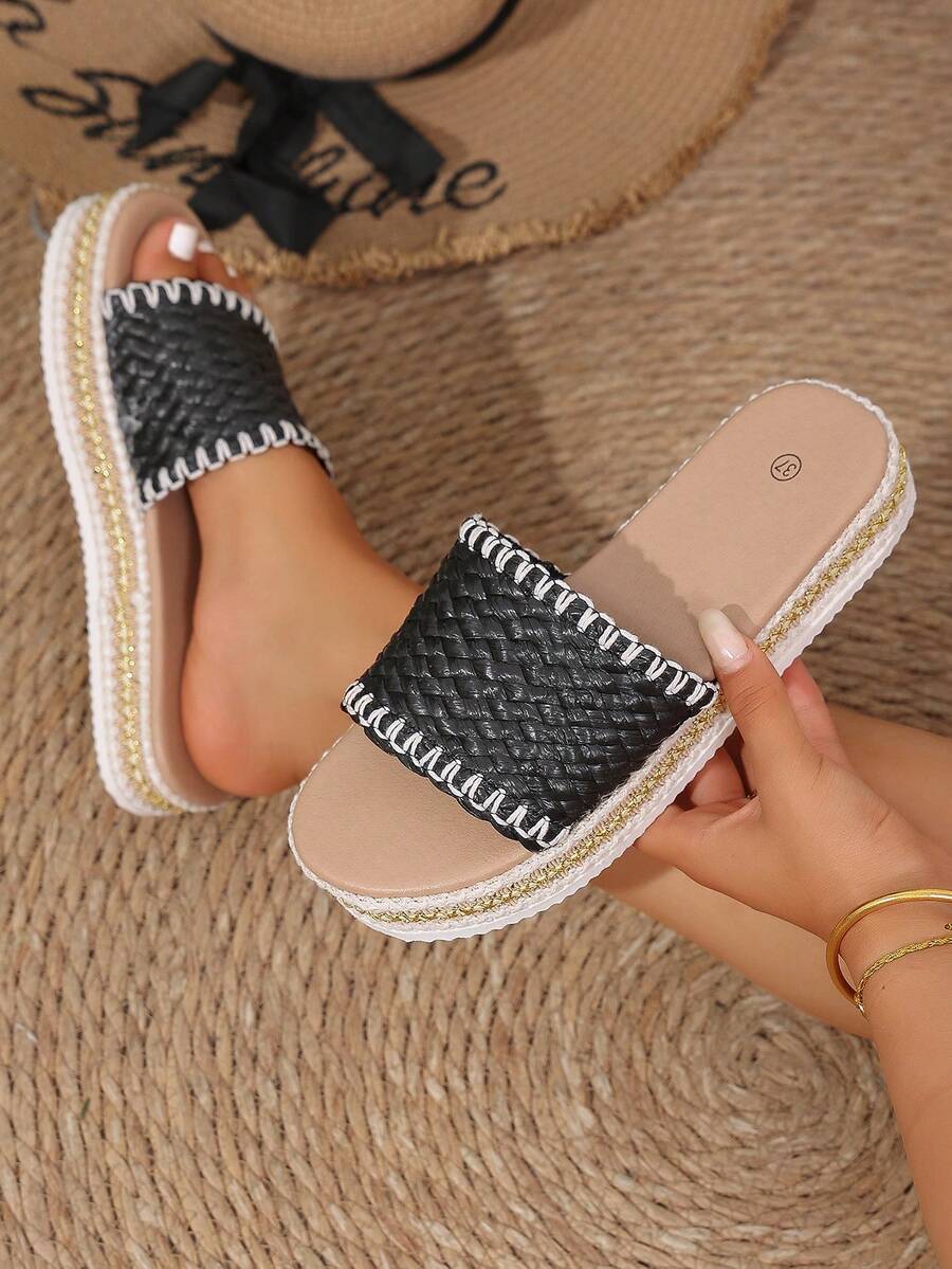 Women's Coconut Fiber Woven Flat Sandals, Bohemian Non-Slip Slippers, Summer Beach Casual Open Toe Flat Shoes With Decorative Trim - Black - View 1