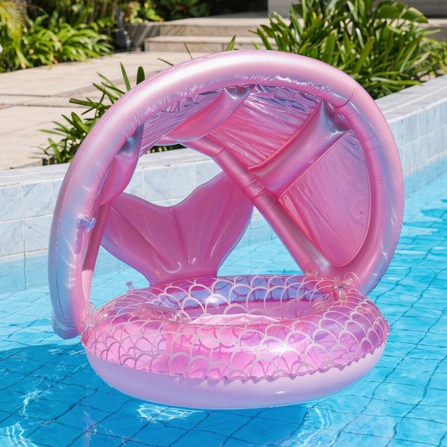 Pink Mermaid Scale Inflatable Baby Swim Ring With Sun Canopy, Children's Inflatable Swim Ring With Handle Seat, Suitable For Kids Vacation Beach Summer Toy Use - 粉色 - 查看 1