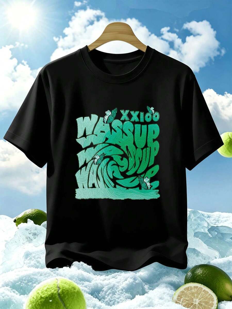 Schwarzes Herren-T-Shirt Mit Grafikpri Nt, L?Ssig, Für Den Frühling. Hochwertiger Stoff, Rundhalsausschnitt, Bequeme Passform. - 黑色 - 查看 1