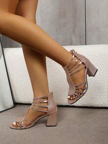 Women's Rose Gold Glitter Multi-Strap Hollow-Out Open Toe Chunky Heel Sandals, Back Zipper Elegant Party Evening High Heels - Rose Gold - View 4