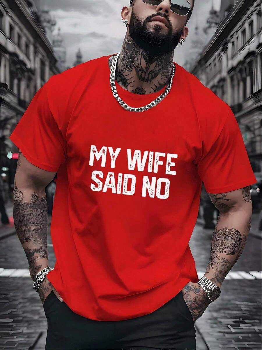1 paquete de camisetas de manga corta estampadas para hombre, con la frase "Mi esposa dijo que no", estilo casual urbano. - Rojo - Ver 1