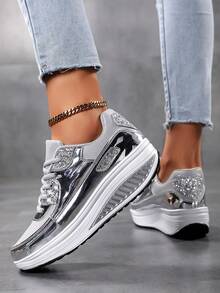 Women's Casual Sports Shoes, Road Running Shoes, Thick Sole Fashion Mom Shoes, Round Toe Lace-Up Design, Stable And Comfortable, Suitable For Daily Wear, Outdoor Walking And Travel Shoes - Silver - View 5