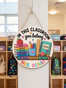 1pc Personalized Teacher Name Sign, Custom Classroom Door Hanger, Back To School Gift,Teacher Appreciation Gift,Classroom Decor,New Teacher Welcome Sign,In This Classroom You Belong Door Decor,Elementary Teacher Door Hanger - Multicolor - View 7
