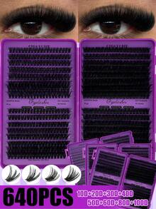 CMAYOME 640pcs Cluster Curl False Eyelashes, Create Thick And Fluffy Natural Eye Makeup Effect. Set Includes Glue, Tweezers And Eyelash Brush, Large Capacity Single Cluster Eyelash Container, DIY Fox Eye Makeup Segmented Eyelash Extension, Eye Makeup Set. - Purple - View 4