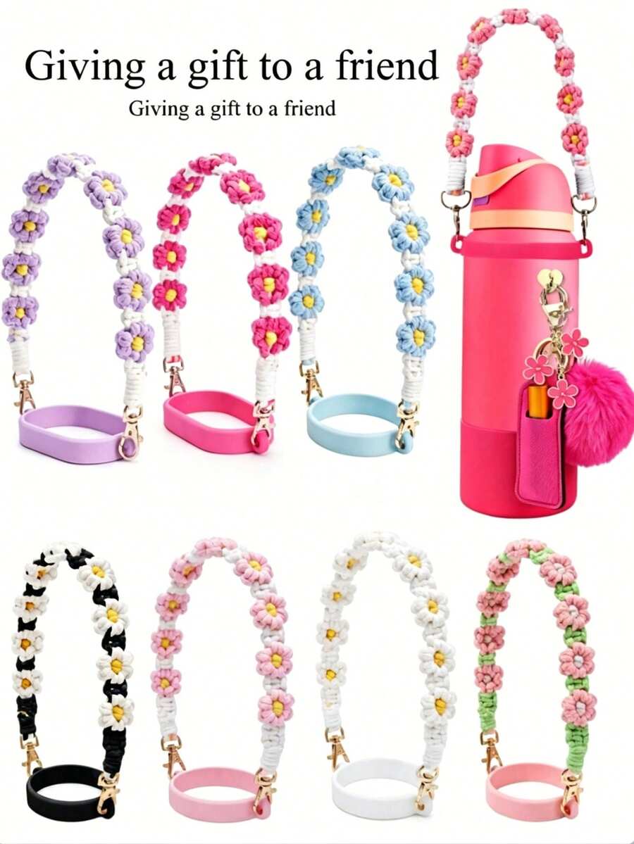 1pc Floral Water Bottle Handle Strap, Adjustable Universal Cup Holder, Cup Accessory, Water Bottle Lanyard, Water Bottle Decoration, Vibrant Floral Shaped Portable Straw Strap, Suitable For 20 To 40 Oz Sports Cups, Suitable For Fitness, Camping And Outdoor Activities - Flower Handle - View 1