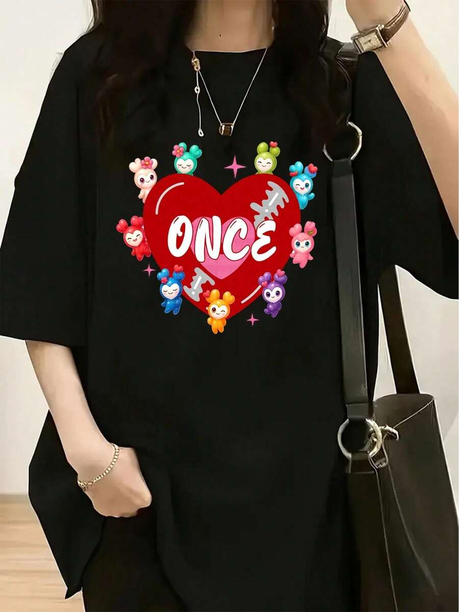 blusas casuales para damaRopa de moda para mujer, una camiseta holgada con el estampado "ONCE", que es el nombre oficial de los fans de Twice, combinada con 9 imágenes coloridas de dibujos a - Negro - Ver 1