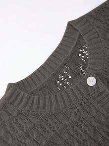 Plus Size Women's Autumn Solid Color Hollow Out Thin Comfortable Round Button Neck Elegant Loose Knit Cardigan Outerwear For Vacation - Coffee Brown - View 8