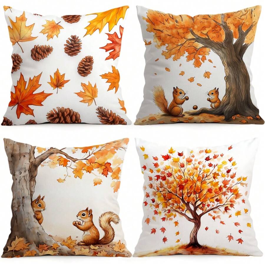 4pcs Autumn Maple Leaf & Squirrel Pattern Pillow Covers, Single-Sided Printed Cushion Covers, Suitable For Living Room, Bedroom, Home Decor, All-Season Use - Multicolor - View 1