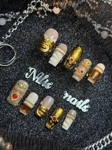 10pcs Handmade Full Coverage Square Press-On Nails, Gold Nail Art, European Vintage Baroque Palace Luxury Style, Reusable Fake Nails, Includes Jelly Glue And Nail File, Suitable For Weddings, Parties, Formal Banquets, Dates, Cosplay, Birthday Celebrations - Gold - View 2