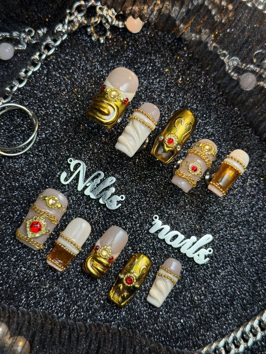 10pcs Handmade Full Coverage Square Press-On Nails, Gold Nail Art, European Vintage Baroque Palace Luxury Style, Reusable Fake Nails, Includes Jelly Glue And Nail File, Suitable For Weddings, Parties, Formal Banquets, Dates, Cosplay, Birthday Celebrations