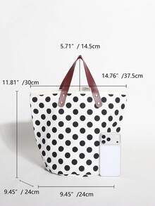 Bolsa Tote de Lona com Blocos de Cor Preto e Branco e Poá, Grande Capacidade, Estilo Praia e Férias (Posição dos Poás Distribuída Aleatoriamente) - Branco - Visão 2