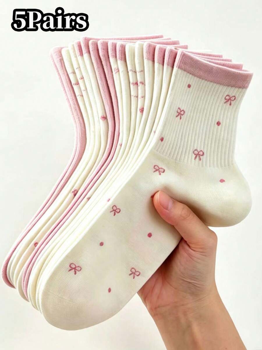5雙四季通用女款粉色蝴蝶結波點圖案中筒襪,適合日常穿著 - 彩色 - 查看 1