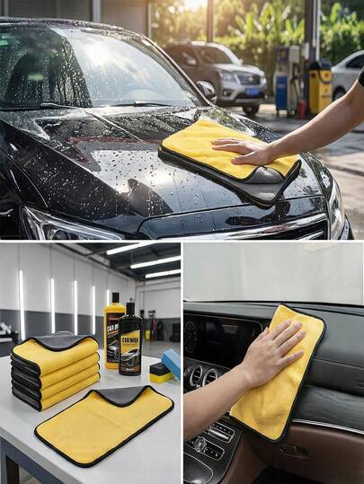 3 khăn lau vệ sinh sợi microfiber siêu mịn lông san hô, vải vuông hai mặt tái sử dụng, thấm hút cao, màu vàng và đen, phù hợp rửa bát nhà bếp, phòng tắm, ô tô và lau kính, dụng cụ vệ sinh nhà cửa