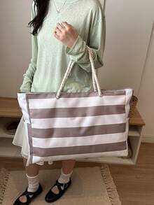 Large Waterproof Beach Tote Bag With Zipper And Sand-Proof Design, Suitable For Swimming Pool, Random Pattern, School Backpack, Portable, Large Capacity, Suitable For Teenage Girls, Women, College Students, University, Middle School, High School, Outdoor, Travel, Outing, Work, Business, Commute, Holiday, Shopping - Light Khaki - View 2