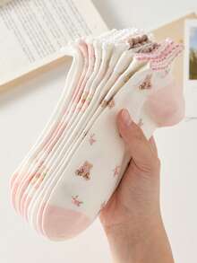 5 Pairs Pink Cute Bear And Bow Pattern Women's Short Socks, Non-Slip Comfortable Breathable, Suitable For Spring And Summer, Suitable For Sports And Casual Wear - Pink - View 3