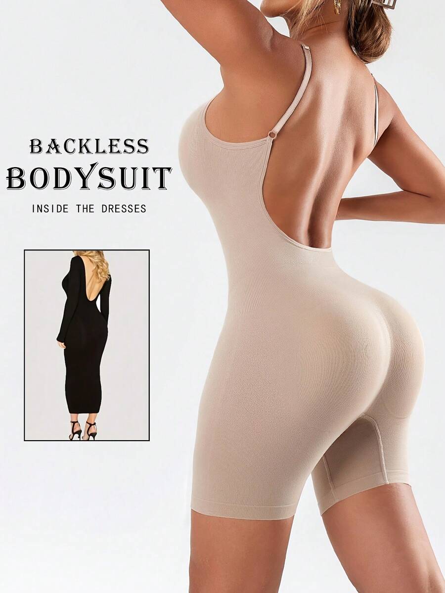 1pc body yoga sin costuras mujer, color sólido.Control abdomen y levanta glúteos, tirantes ajustables.Tejido cómodo, transpirable, elástico.Ideal fitness, deportes y yoga. - Albaricoque - Ver 1