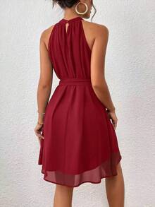 Sleeveless Solid-Color Halter Dress, Fashionable For Summer - 紅色 - 查看 2