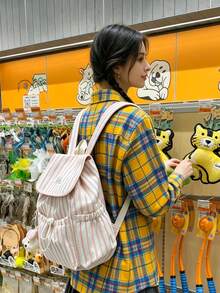 1pc Striped Pattern Drawstring Flap Backpack, Lightweight Casual Backpack, Multi-Pocket Student Backpack, Fashion Accessory For Girls/Teens/Students For Commuting, School, Beach, Travel, Daily Use - Multicolor - View 8