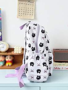 1pc Cute School Style Cat/Dog/Bow Print Nylon Backpack, Lightweight Large Capacity School Day Bag, Adjustable Shoulder Strap Bookbag, Suitable For Girls/Teens/Students/Graduates, Ideal For Daily Use, Outings, Travel, School And Back To School Season. - Multicolor - View 11