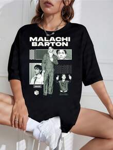 Neu für 2026: Malachi Barton 2025 Retro Portrait Grafik-T-Shirt für Damen und Herren, Prominente, Schwarz-Weiß, Minimalistisch, Lockere Passform, Lässig, Kurze Ärmel, Hip-Hop-Stil. - Schwarz - Übersicht 1