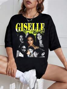 New For 2026: Aespa GISELLE World Tour Graphic T-Shirt, Unisex, Yellow-Green, Chromes Lightning Bolt, Multi-Portraits, For Fans, Oversized Black Streetwear T-Shirt. - Black - View 1