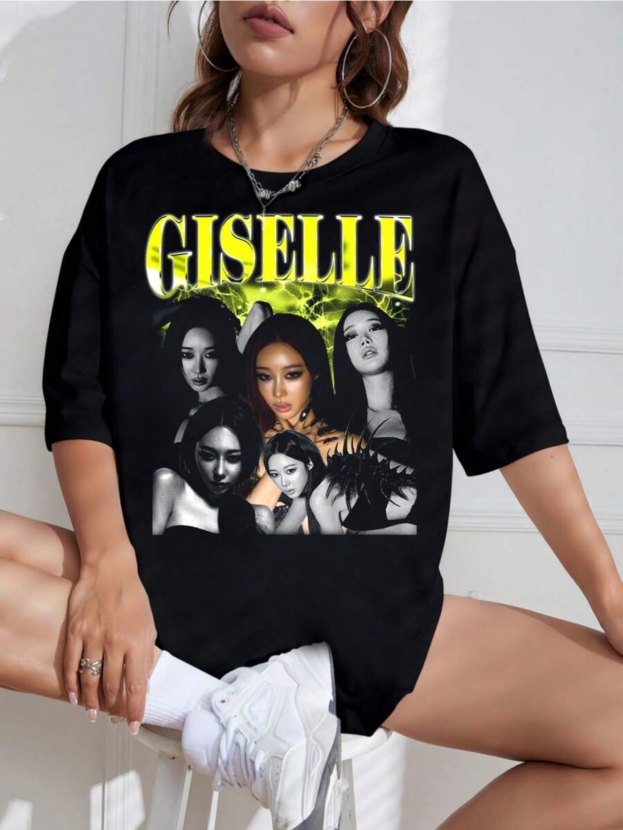 New For 2026: Aespa GISELLE World Tour Graphic T-Shirt, Unisex, Yellow-Green, Chromes Lightning Bolt, Multi-Portraits, For Fans, Oversized Black Streetwear T-Shirt. - Black - View 1